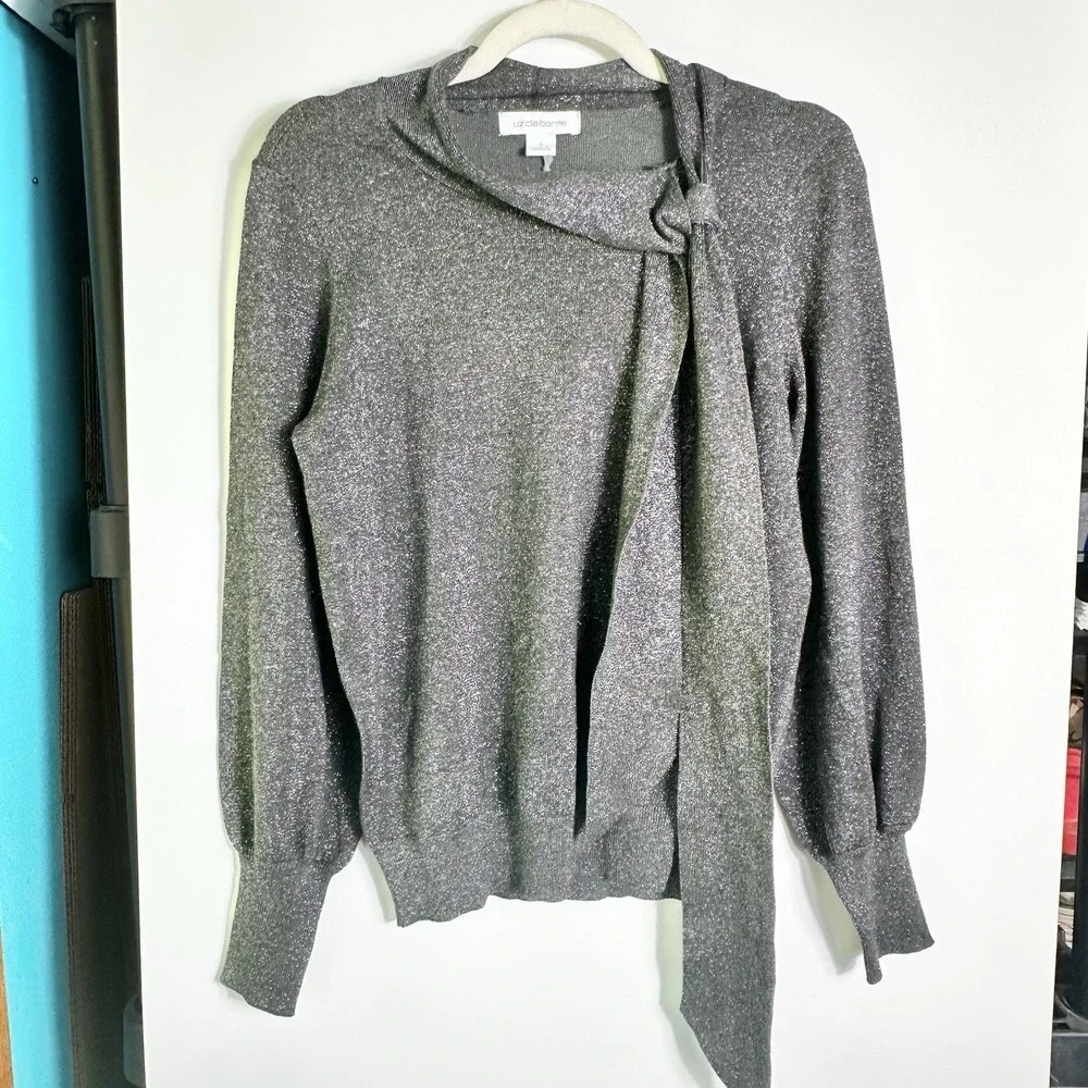 Liz Claiborne Womens Sz S Charcoal Metallic Tie Neck Sweater NWT Shimmer Holiday